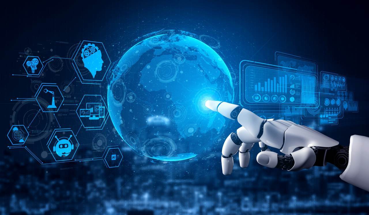 a robot is touching a blue global icon