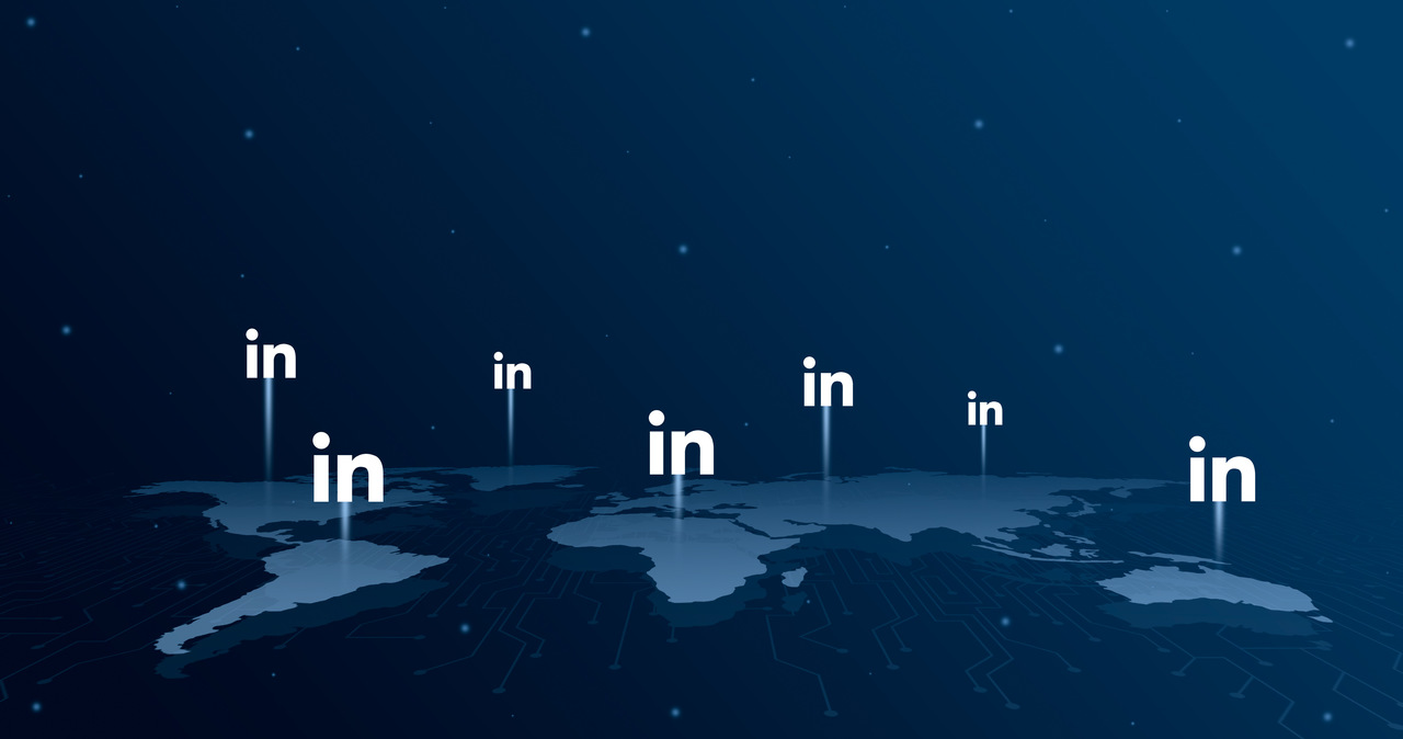 LinkedIn logo icons all continents world map
