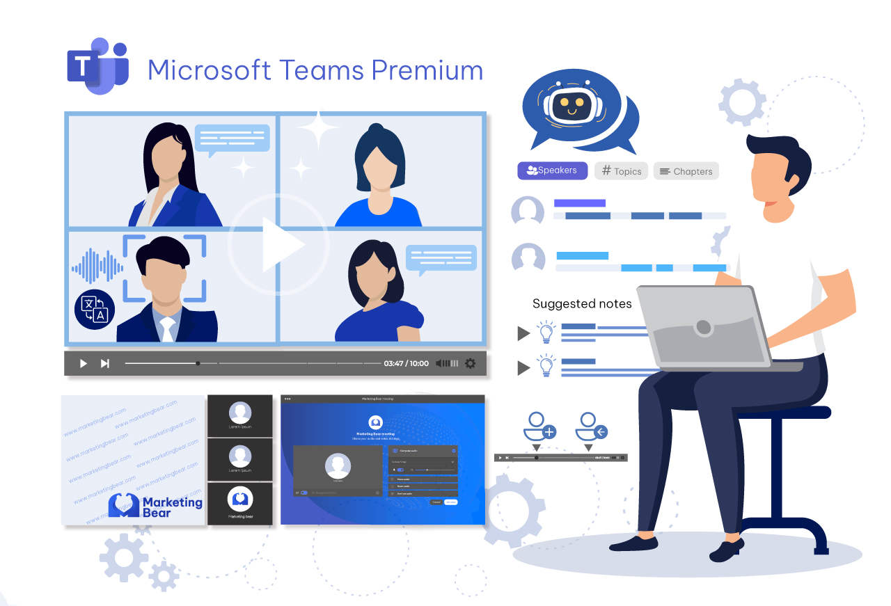 An artwork of a man sitting on a chair while having an online meeting with his co-workers via Microsoft Team Premium