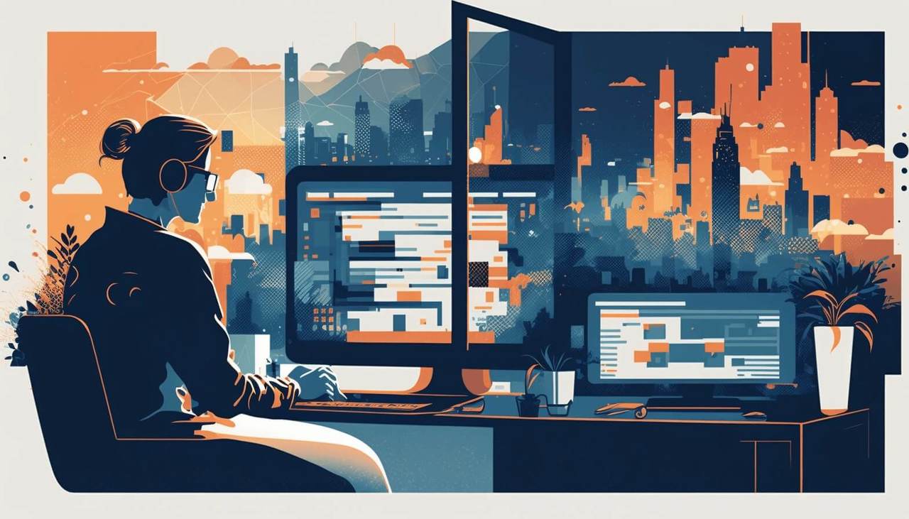 a lady is sitting in front of computers, putting her headphones on, and writing a content for content marketing